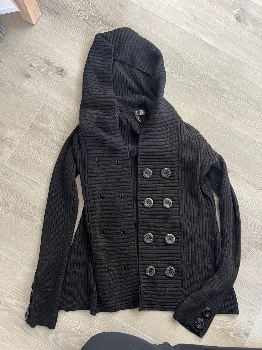 Mariposa Black Ribbed Hooded Double-Breasted Jacket